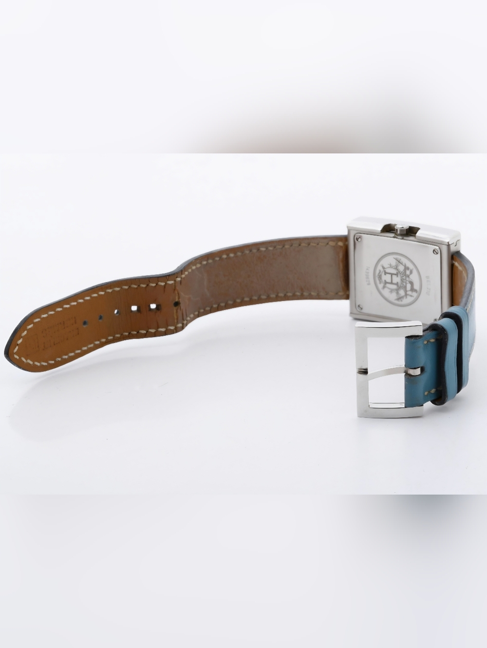 Hermès Paris Square Stainless Steel Womens Watch Light Blue Leather Strap - Picture 7 of 8